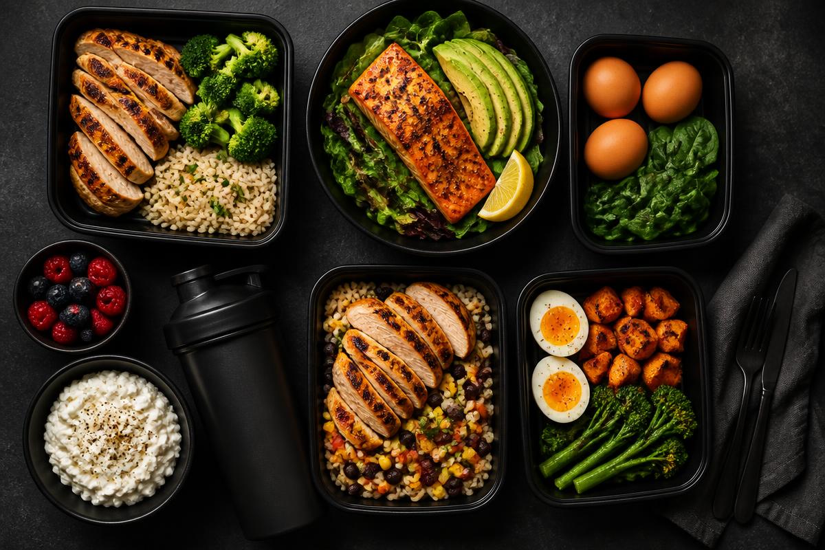 High-protein meal prep containers with chicken, salmon, eggs and vegetables