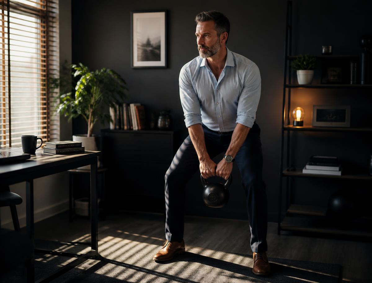 Professional man training with a kettlebell in his home office