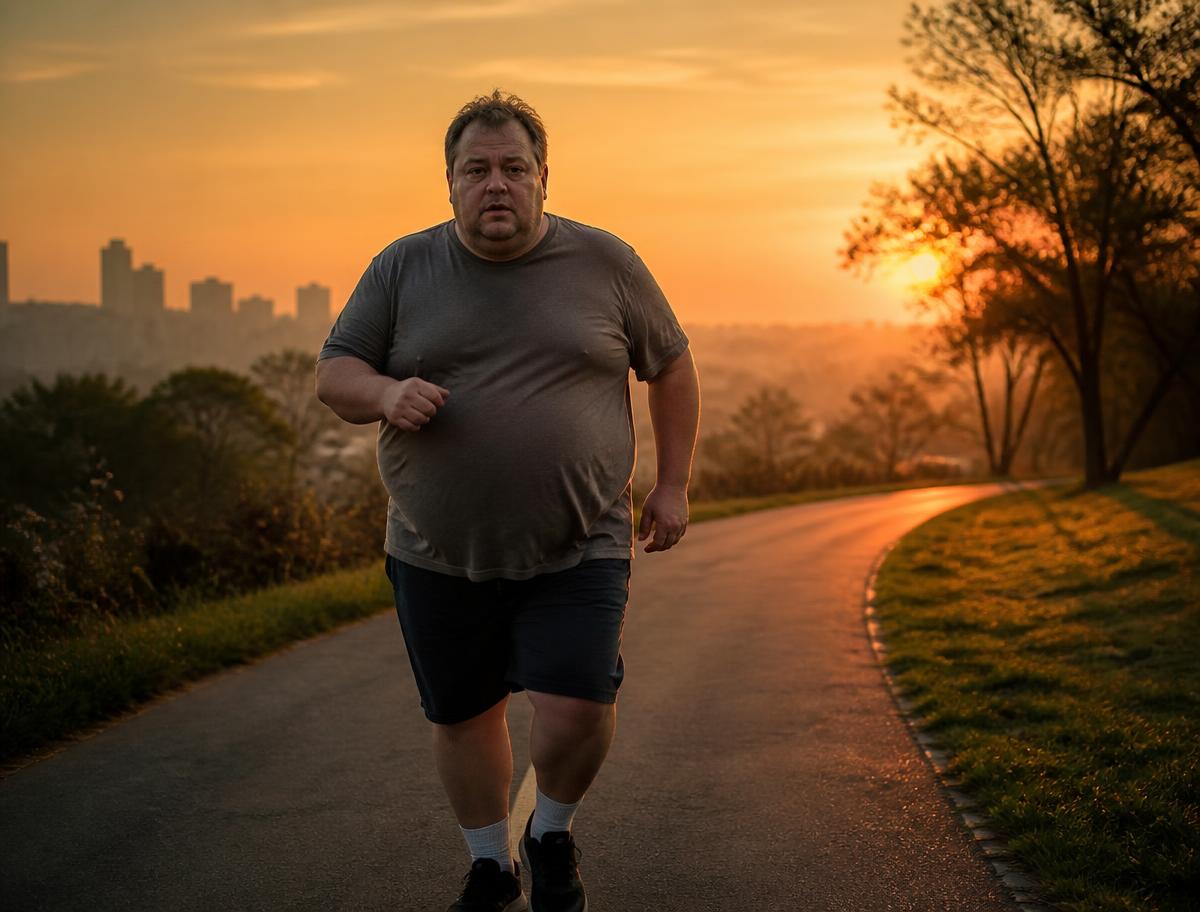 Overweight middle-aged man walking briskly at sunrise